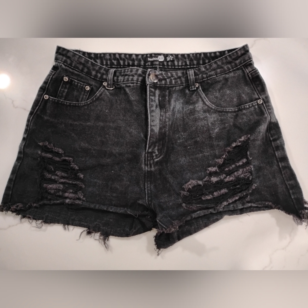 Boohoo Blue Black Distressed Denim Shorts Size 12